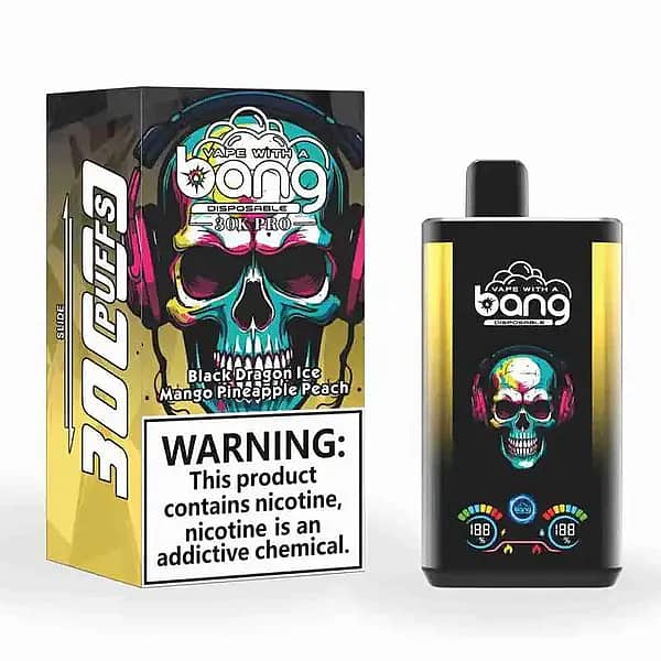 W=600,H=600,Fit=Scale Down,Gravity=Auto,Sharpen=1,Metadata=None,Format=Auto,Quality=70 Bang 30K Pro : vapoteuse jetable « Black Dragon » aux saveurs glace, mangue, ananas et pêche, offrant 30 000 bouffées et dotée d'un écran numérique
