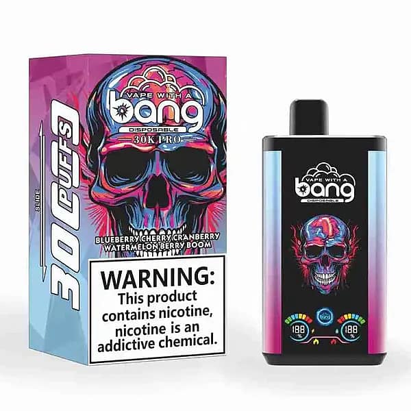 W=600,H=600,Fit=Scale Down,Gravity=Auto,Sharpen=1,Metadata=None,Format=Auto,Quality=70 Bang 30K Pro : vapoteuse jetable de 30 000 bouffées aux saveurs myrtille, cerise, canneberge et pastèque, dotée d'un écran intelligent