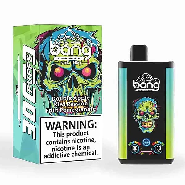W=600,H=600,Fit=Scale Down,Gravity=Auto,Sharpen=1,Metadata=None,Format=Auto,Quality=70 Bang 30K Pro : vapoteuse jetable de 30 000 bouffées aux saveurs Double Pomme, Kiwi-Passion et Fruits-Grenade, avec écran numérique