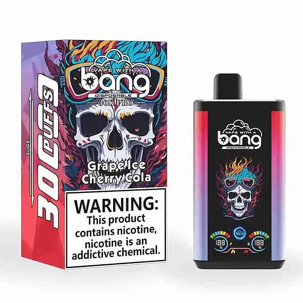 W=600,H=600,Fit=Scale Down,Gravity=Auto,Sharpen=1,Metadata=None,Format=Auto,Quality=70 Bang 30K Pro : vapoteuse jetable de 30 000 bouffées aux saveurs Raisin glacé, Cerise et Cola, avec écran numérique
