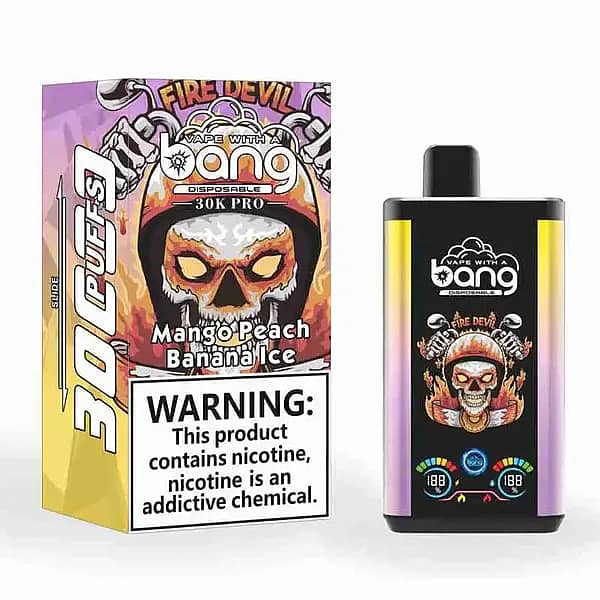 W=600,H=600,Fit=Scale Down,Gravity=Auto,Sharpen=1,Metadata=None,Format=Auto,Quality=70 Bang 30K Pro : vapoteuse jetable de 30 000 bouffées aux saveurs mangue, pêche, banane et glace, avec écran numérique