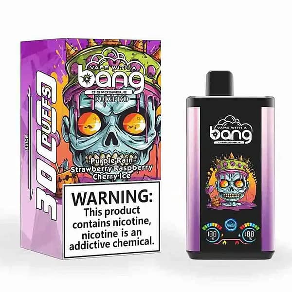 W=600,H=600,Fit=Scale Down,Gravity=Auto,Sharpen=1,Metadata=None,Format=Auto,Quality=70 Bang 30K Pro : vapoteuse jetable de 30 000 bouffées aux saveurs Purple Rain, fraise, framboise et cerise glacée, avec écran numérique