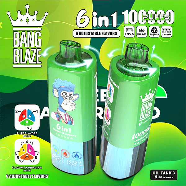 Szer. = 600, Wys. = 600, Dopasowanie = Zmniejsz, Grawitacja = Automatycznie, Wyostrzanie = 1, Metadane = Brak, Format = Automatycznie, Jakość = 70 Bang Blaze – jednorazowy vape o pojemności 100 000 zaciągnięć, z 6 regulowanymi smakami i obrotową ustnikiem