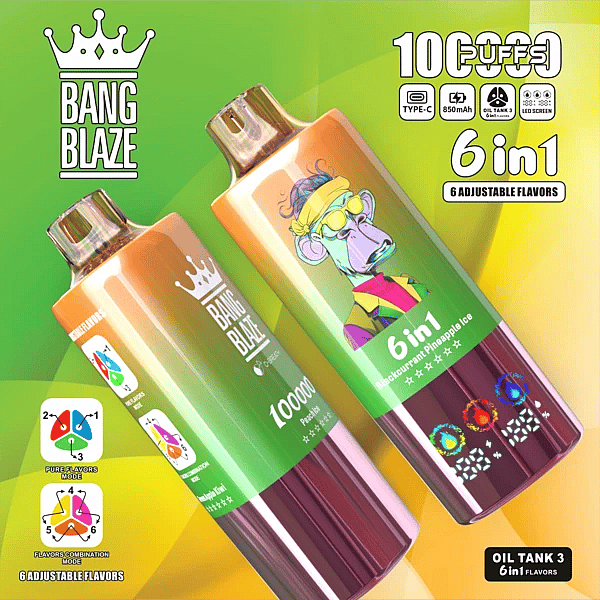 Szer. = 600, Wys. = 600, Dopasowanie = Zmniejsz, Grawitacja = Automatycznie, Wyostrzanie = 1, Metadane = Brak, Format = Automatycznie, Jakość = 70 Bang Blaze – jednorazowy vaporizer na 100 000 zaciągnięć, 6 w 1, regulowane smaki, z wyświetlaczem LED