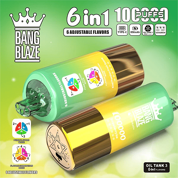Szer. = 600, Wys. = 600, Dopasowanie = Zmniejsz, Grawitacja = Automatycznie, Wyostrzanie = 1, Metadane = Brak, Format = Automatycznie, Jakość = 70 Bang Blaze – jednorazowy vape o pojemności 100 000 zaciągnięć, z 6 regulowanymi smakami i obrotową ustnikiem