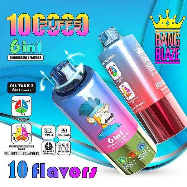 Bang Blaze 100k Puffs 6 en 1 vape jetable avec Blueberry Coconut et saveurs ajustables