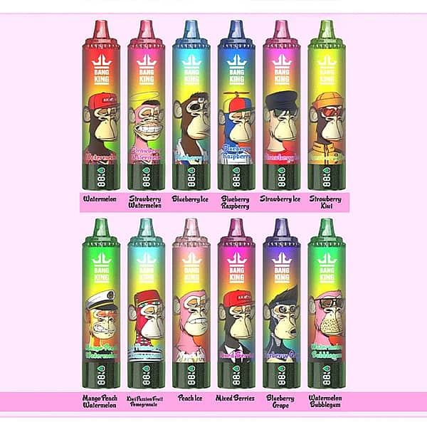 Vape jetable Bang King 40 000 bouffées, disponible en plusieurs saveurs et avec des motifs colorés inspirés de dessins animés