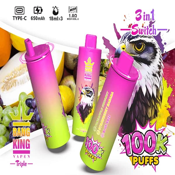 Szer. = 600, Wys. = 600, Dopasowanie = Zmniejsz, Grawitacja = Automatycznie, Wyostrzanie = 1, Metadane = Brak, Format = Automatycznie, Jakość = 70 Jednorazowy vape Bang King Triple Switch 100 000 zaciągnięć w smakach ananasowo-kokosowym, truskawkowo-bananowym i Blue Razz, z obudową w kolorze od różowego do limonkowo-zielonego