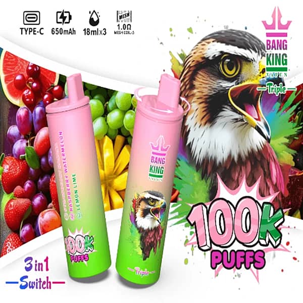 Szer. = 600, Wys. = 600, Dopasowanie = Zmniejsz, Grawitacja = Automatycznie, Wyostrzanie = 1, Metadane = Brak, Format = Automatycznie, Jakość = 70 Bang King Triple 100 000 zaciągnięć – truskawka, arbuz, cytryna i limonka – jednorazowy vape 3 w 1 z grafiką orła