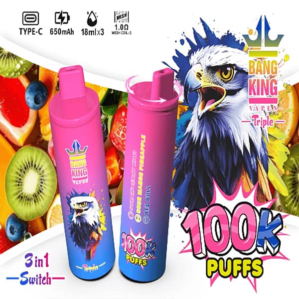 Szer. = 600, Wys. = 600, Dopasowanie = Zmniejsz, Grawitacja = Automatycznie, Wyostrzanie = 1, Metadane = Brak, Format = Automatycznie, Jakość = 70 Bang King Vapen Triple – jednorazowy vape na 100 000 zaciągnięć o smaku truskawka-kiwi-niebieski mango-ananas-Red Bull z zestawem smaków 3 w 1