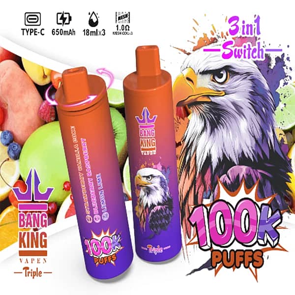 Szer. = 600, Wys. = 600, Dopasowanie = Zmniejsz, Grawitacja = Automatycznie, Wyostrzanie = 1, Metadane = Brak, Format = Automatycznie, Jakość = 70 Bang King Vapen Triple – jednorazowy vape 3 w 1 z regulowanym smakiem, 100 000 zaciągnięć