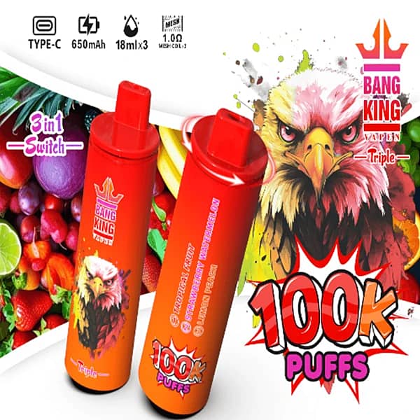 Szer. = 600, Wys. = 600, Dopasowanie = Zmniejsz, Grawitacja = Automatycznie, Wyostrzanie = 1, Metadane = Brak, Format = Automatycznie, Jakość = 70 Jednorazowy vape Bang King Triple 100K Puffs o smakach owoców tropikalnych, truskawki i arbuza oraz cytryny i brzoskwini, z obrotową ustnikiem 3 w 1