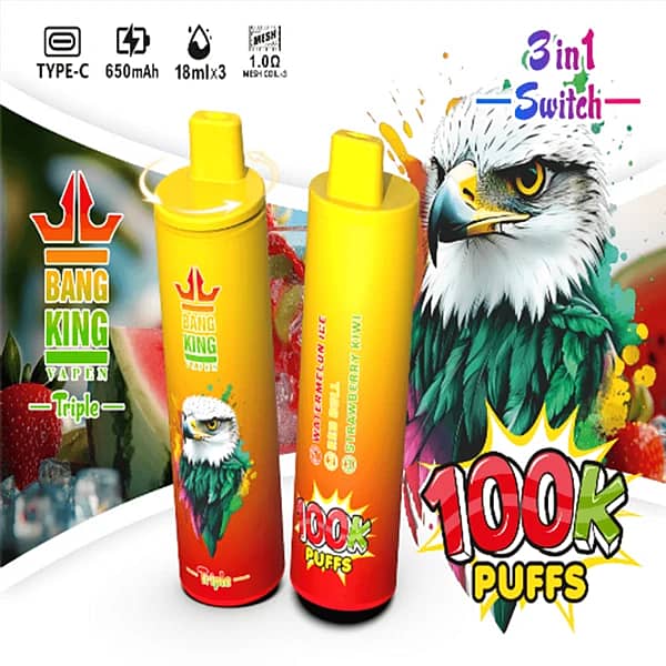 Szer. = 600, Wys. = 600, Dopasowanie = Zmniejsz, Grawitacja = Automatycznie, Wyostrzanie = 1, Metadane = Brak, Format = Automatycznie, Jakość = 70 Jednorazowy vape Bang King Triple 100K Puffs o smakach arbuzowego lodu, Red Bulla oraz truskawki i kiwi, wyposażony w przełącznik 3 w 1