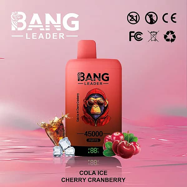 W=600,H=600,Fit=Scale Down,Gravity=Auto,Sharpen=1,Metadata=None,Format=Auto,Quality=70 Vape jetable Bang Leader 45 000 bouffées aux saveurs Cola, Glace, Cerise et Canneberge, avec écran numérique