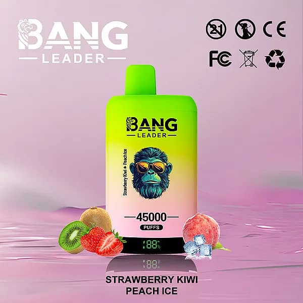 W=600,H=600,Fit=Scale Down,Gravity=Auto,Sharpen=1,Metadata=None,Format=Auto,Quality=70 Vape jetable Bang Leader 45 000 bouffées, saveur fraise-kiwi-pêche glacée, avec écran numérique