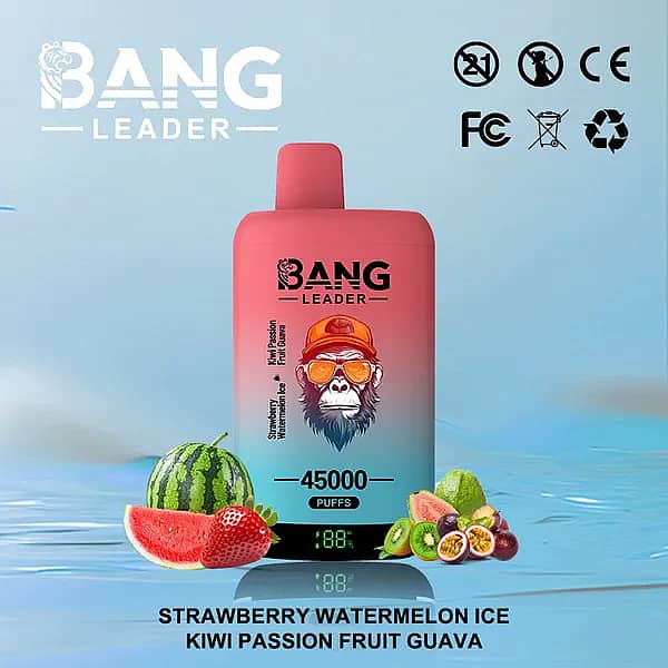 W=600,H=600,Fit=Scale Down,Gravity=Auto,Sharpen=1,Metadata=None,Format=Auto,Quality=70 Bang Leader 45 000 bouffées – Vape jetable double saveur fraise-pastèque glacée, kiwi, fruit de la passion et goyave, avec écran numérique