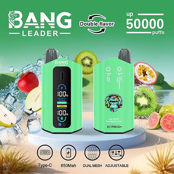 Bang Leader 50 000 bouffées : vape jetable à double saveur pomme-poire, kiwi-fruit de la passion-goyave, avec écran numérique