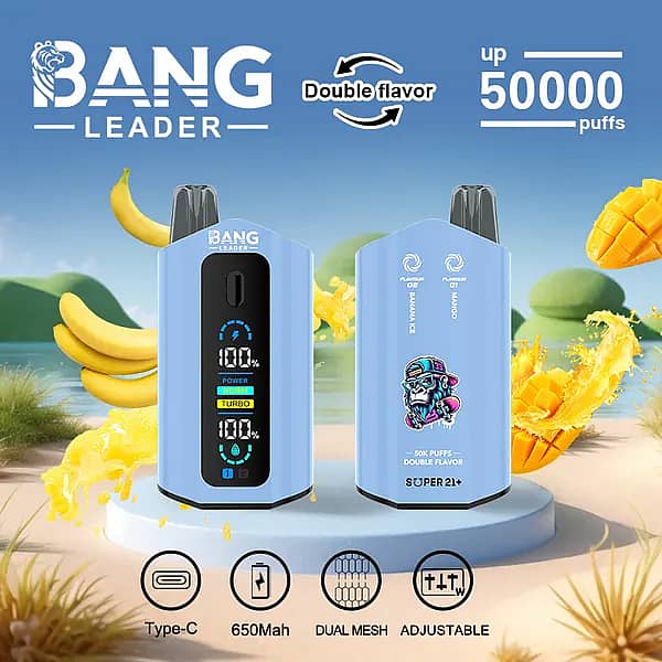 Bang Leader : vapoteuse jetable 50 000 bouffées au double arôme banane-glace-mangue avec écran numérique