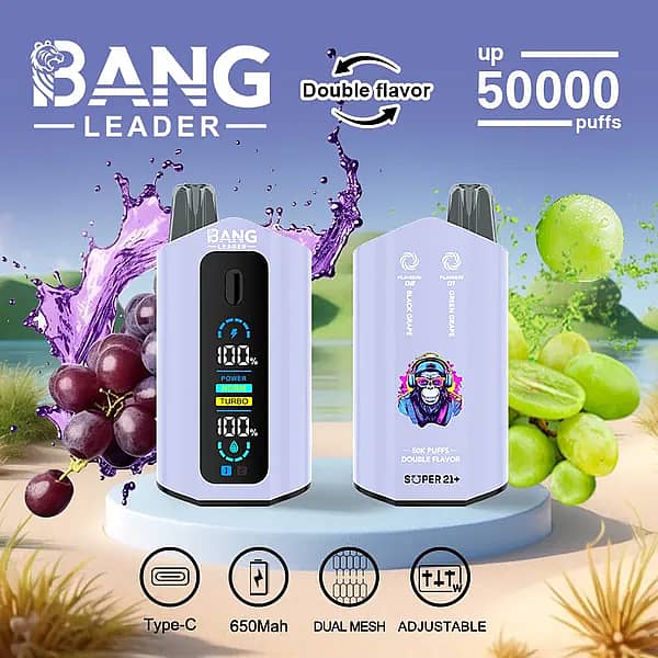 Bang Leader : vapoteuse jetable 50 000 bouffées aux arômes doubles de raisin noir et de raisin vert, avec écran numérique