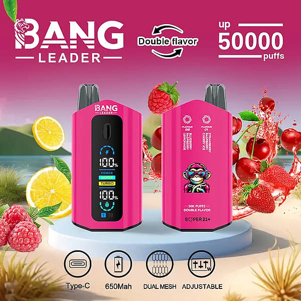Bang Leader 50 000 bouffées Fraise-Framboise-Cerise Glacée, Vape jetable double saveur Myrtille-Limonade avec écran numérique