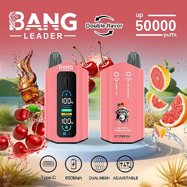 Bang Leader 50 000 bouffées : vapoteuse jetable double saveur cerise-cola et limonade rose avec écran numérique