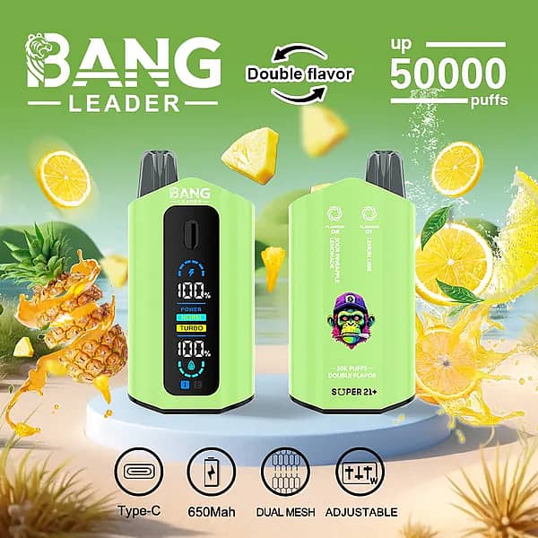 Bang Leader 50 000 bouffées : vapoteuse jetable double saveur « Limonade à l'ananas acidulé » et « Citron-citron vert » avec écran numérique