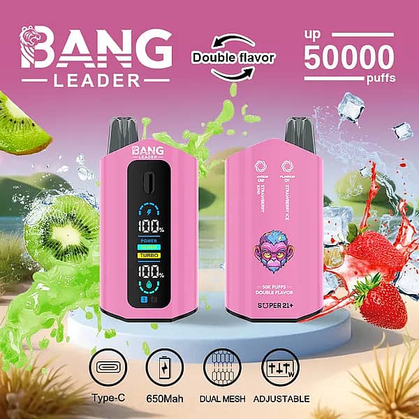 Bang Leader 50 000 bouffées : vapoteuse jetable double saveur fraise-kiwi et fraise glacée avec écran numérique