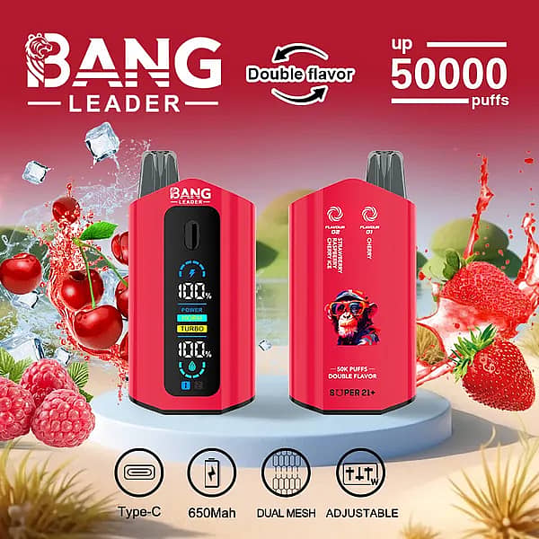 Bang Leader : vapoteuse jetable 50 000 bouffées aux saveurs double mélange fraise-framboise-cerise glacée et cerise, avec écran numérique