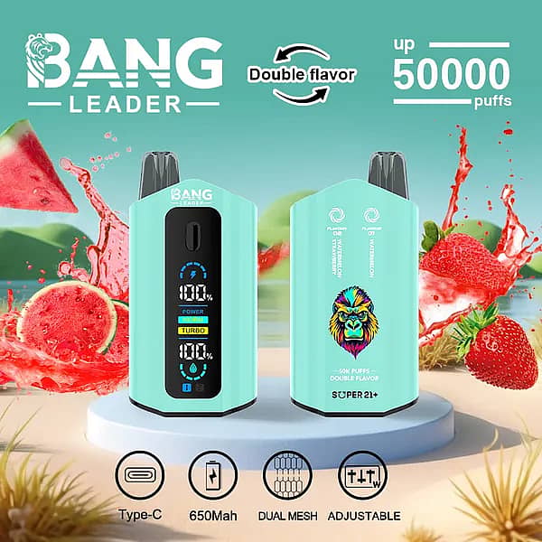 Bang Leader : vapoteuse jetable à double saveur fraise-pastèque (50 000 bouffées) avec écran numérique