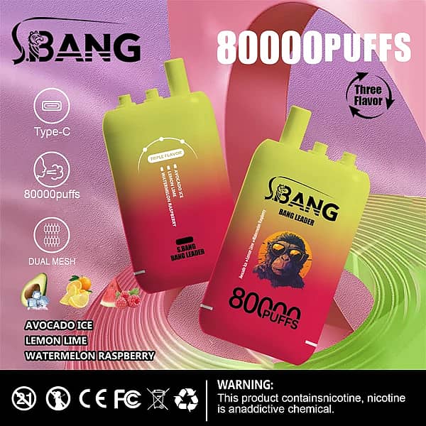 Jednorazowy vape Bang Bang Leader 80 000 zaciągnięć w wersji potrójnej o smaku awokado z lodem, cytryny z limonką oraz arbuza z maliną