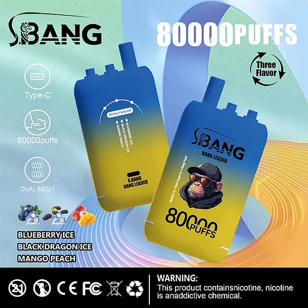 Bang Bang Leader – jednorazowy vape na 80 000 zaciągnięć o smaku Blueberry Ice, Black Dragon Ice oraz Mango Peach z potrójnym zestawem smaków