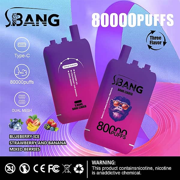 Bang Bang Leader – jednorazowy vape o pojemności 80 000 zaciągnięć z potrójnym smakiem i fioletowym wzorem z efektem gradientu