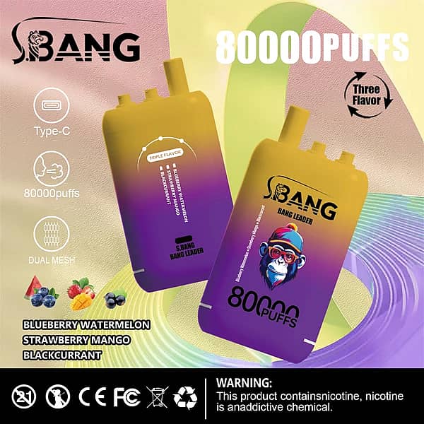 Bang Bang Leader – jednorazowy vape o pojemności 80 000 zaciągnięć z potrójnym smakiem: jagoda i arbuz, truskawka i mango oraz czarna porzeczka, w kolorowej obudowie z efektem gradientu