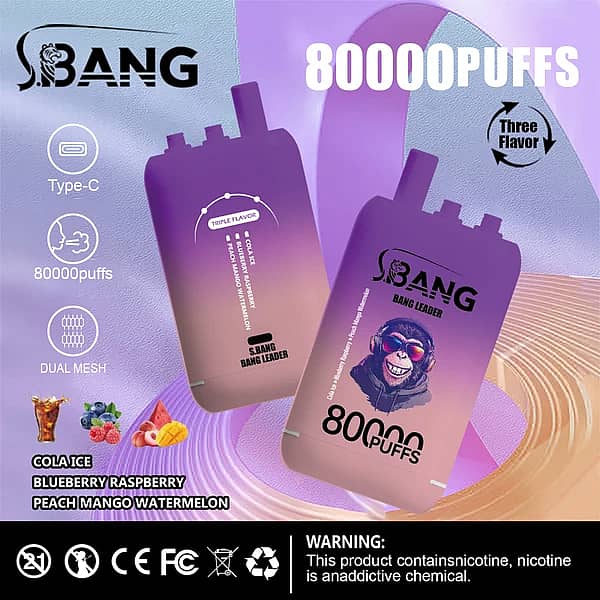 Bang Bang Leader 80 000 zaciągnięć – jednorazowy vape o potrójnym smaku: Cola Ice, jagoda i malina oraz brzoskwinia, mango i arbuz