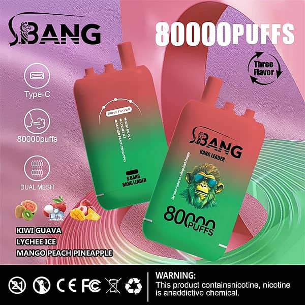 Bang Bang Leader – jednorazowy vape o pojemności 80 000 zaciągnięć w smakach kiwi i guawy, liczi z lodem oraz mango, brzoskwini i ananasa, z potrójną kompozycją smakową