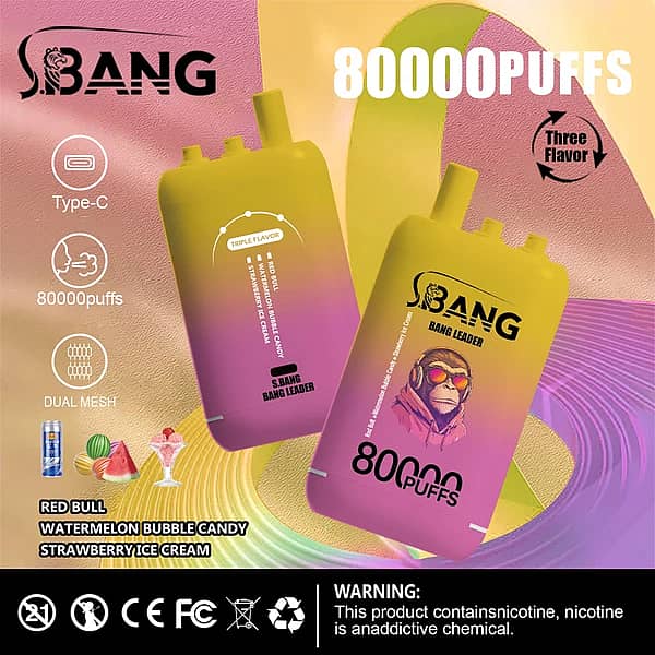 Bang Bang Leader – jednorazowy vape o pojemności 80 000 zaciągnięć, w smaku Red Bull, arbuzowych cukierków bąbelkowych i lodów truskawkowych, z potrójnym zestawem smaków