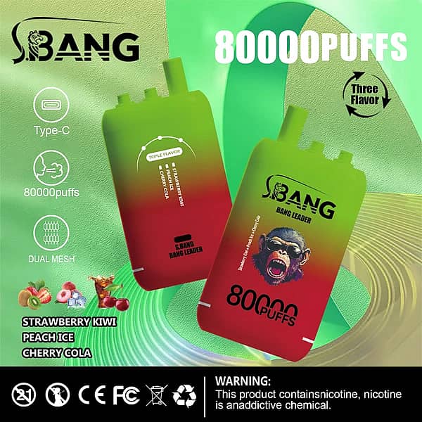 Bang Bang Leader – jednorazowy vape o pojemności 80 000 zaciągnięć w smakach truskawka-kiwi, brzoskwinia z lodem i wiśnia z colą, z potrójną kompozycją smakową