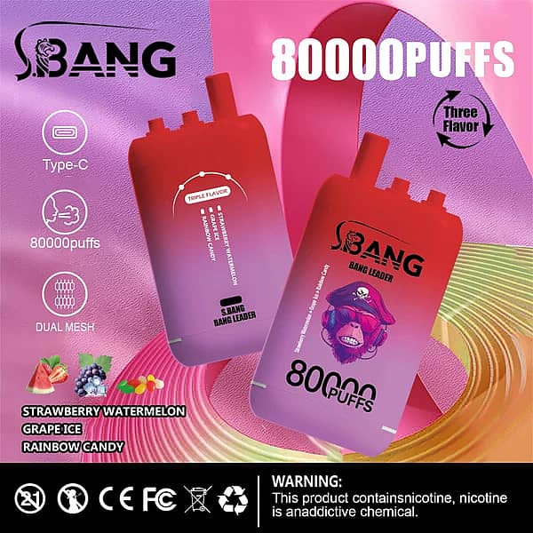 Bang Bang Leader – jednorazowy vape o pojemności 80 000 zaciągnięć z potrójnym smakiem i czerwono-fioletowym wzorem w stylu gradientowym