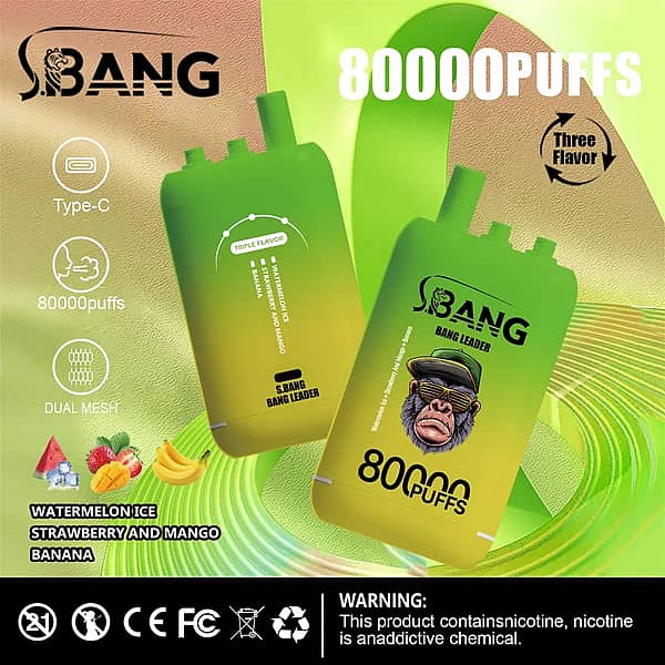 Bang Bang Leader 80 000 zaciągnięć – arbuz z lodem, truskawka i mango, banan – jednorazowy vape z podwójną siateczką