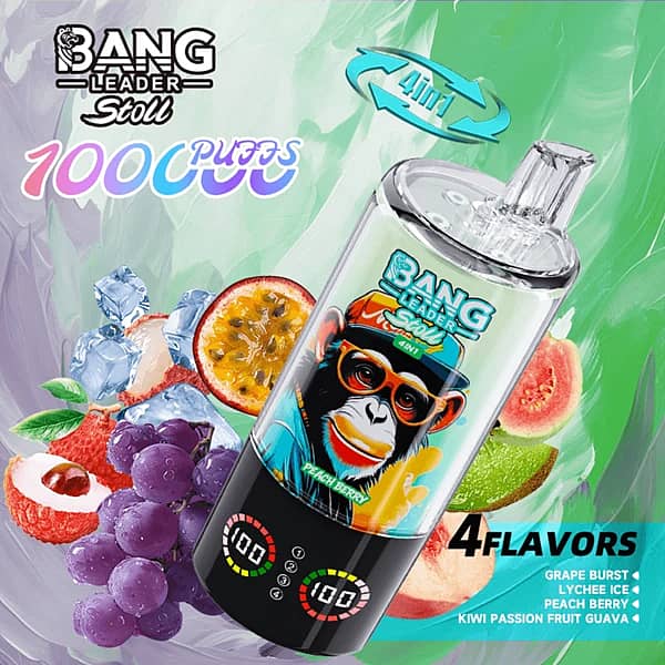 Bang Leader Stoll – jednorazowy vape 4 w 1 o smaku brzoskwiniowo-jagodowym, 100 000 zaciągnięć, z wyświetlaczem cyfrowym