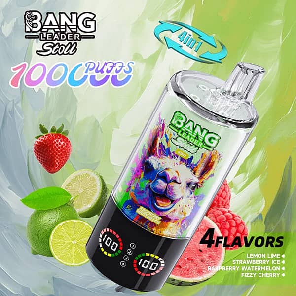 Jednorazowy vape Bang Leader Stoll – 100 000 zaciągnięć: cytryna i limonka, truskawkowy lód, malina i arbuz, musująca wiśnia – z zestawem smaków 4 w 1