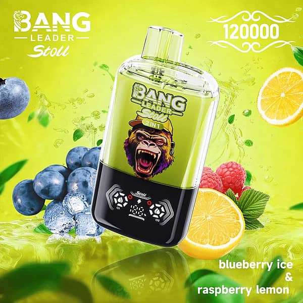 Bang Leader Stoll – jednorazowy vape 2 w 1 (120 000 zaciągnięć) o smaku Blueberry Ice i Raspberry Lemon z wyświetlaczem cyfrowym