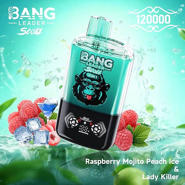 Jednorazowy vape Bang Leader Stoll – 120 tys. zaciągnięć, o smaku malinowego mojito, brzoskwiniowego lodu i Lady Killer, z kombinacją smaków 2 w 1