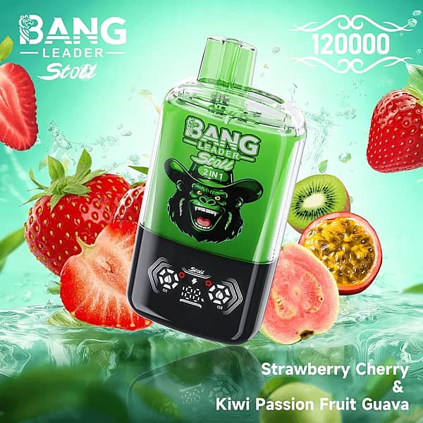 Bang Leader Stoll – jednorazowy vape 2 w 1 o pojemności 120 000 zaciągnięć, o smaku truskawka-wiśnia oraz kiwi-marakuja-gwajawa, z podwójnym smakiem