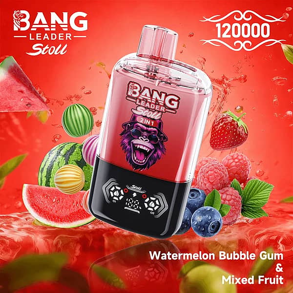 Bang Leader Stoll – jednorazowy vape 2 w 1 (120 000 zaciągnięć) o smaku arbuza, gumy balonowej i mieszanki owoców, z wyświetlaczem cyfrowym