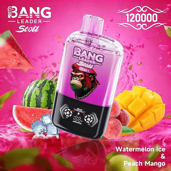Bang Leader Stoll – jednorazowy vape 2 w 1 (120 tys. zaciągnięć) o smaku arbuzowo-mrożonym i brzoskwiniowo-mango z wyświetlaczem cyfrowym