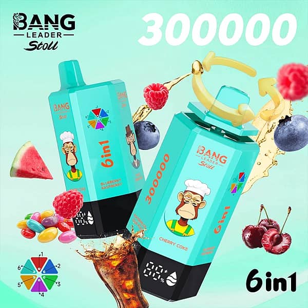 Bang Leader Stoll – jednorazowy vape na 300 000 zaciągnięć, smak 6 w 1 (jagoda, malina, wiśnia, cola) z obrotową ustnikiem