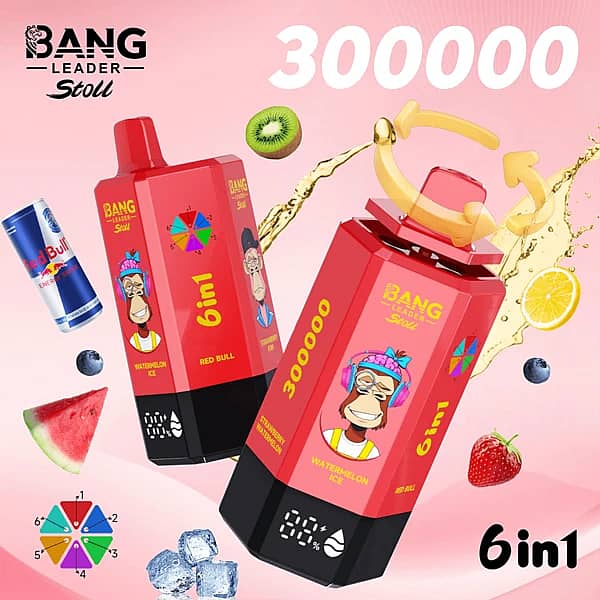 Bang Leader Stoll – jednorazowy vape 6 w 1 o smaku arbuzowym z lodem, Red Bulla i truskawkowym z lodem, 300 tys. zaciągnięć, z obrotową ustnikiem