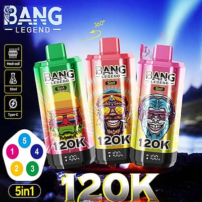 Bang Legend 120K 5-in-1 disposable vape with 50mL capacity mesh coil Type-C charging and colorful device lineup