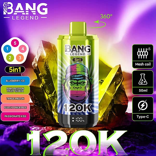 Bang Legend – jednorazowy vaporizer 5 w 1 o pojemności 120 000 zaciągnięć, z różnymi smakami i obrotową ustnikiem